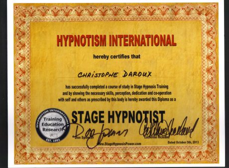 Christophe Daroux - Certificat Hypnotiseur de Spectacle Hypnothérapie et hypnose de spectacle